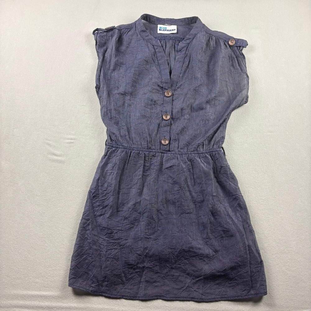 Vintage Blue Elephant Thai Stripe Mini Dress Navy Coconut Buttons Boho Resort S
